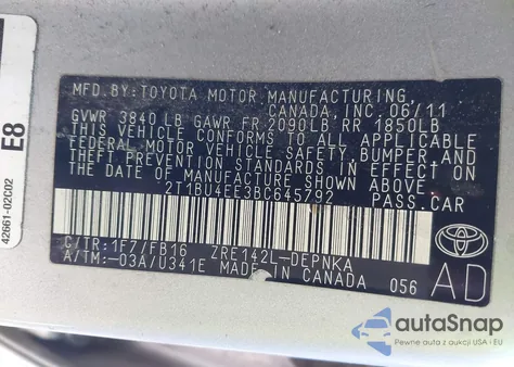 2011 Toyota Corolla Le из США, поврежденный, VIN 2T1BU4EE3BC645792